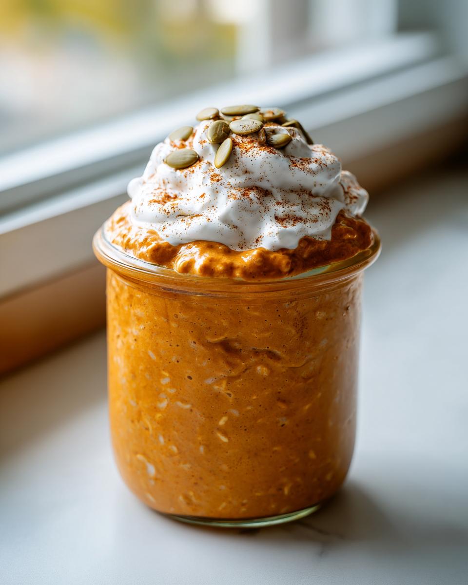 Close-up of pumpkin overnight oats in a glass jar topped with whipped cream, pumpkin seeds, and cinnamon.