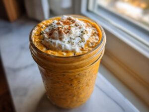 Close-up of pumpkin overnight oats in a mason jar, topped with yogurt and spices.