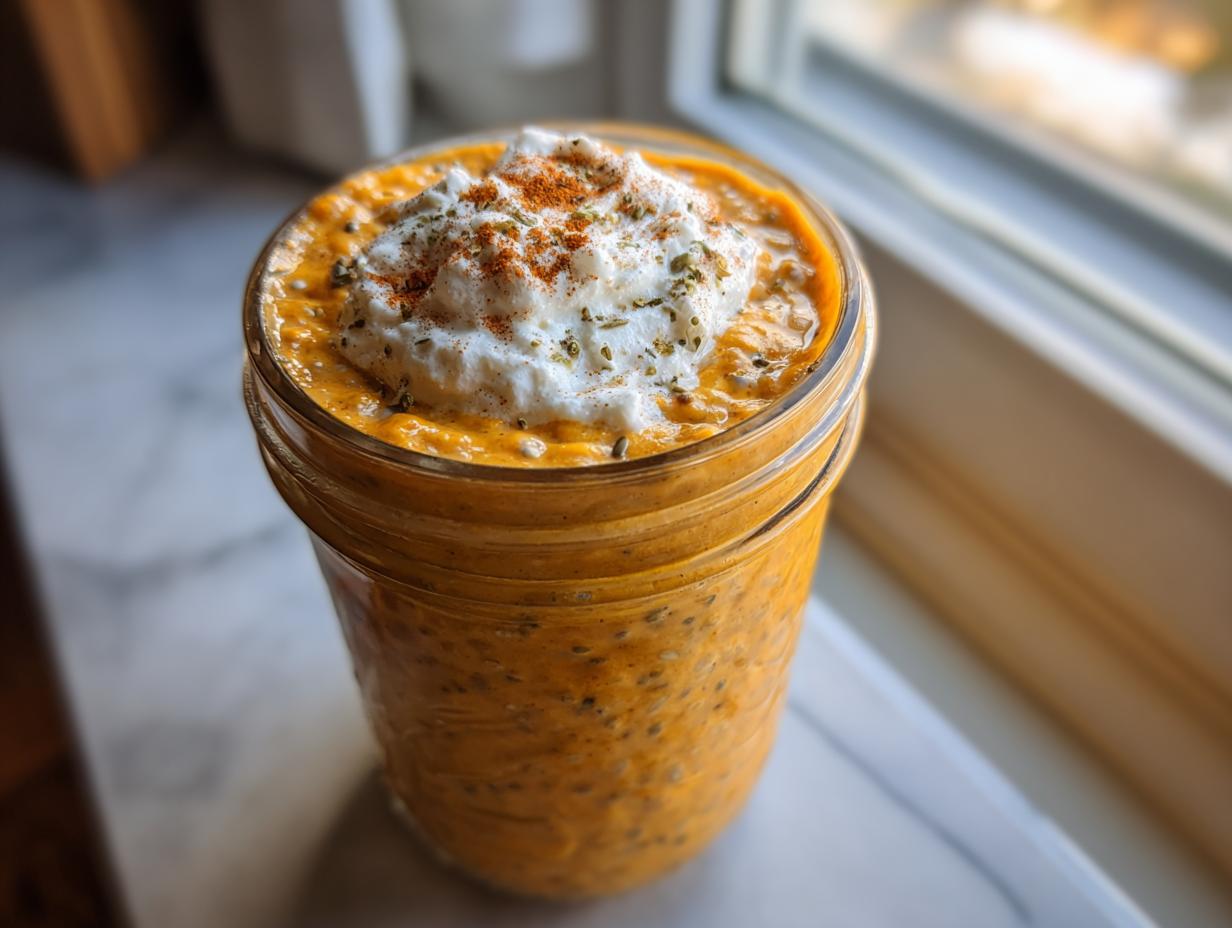 Close-up of pumpkin overnight oats in a mason jar, topped with yogurt and spices.