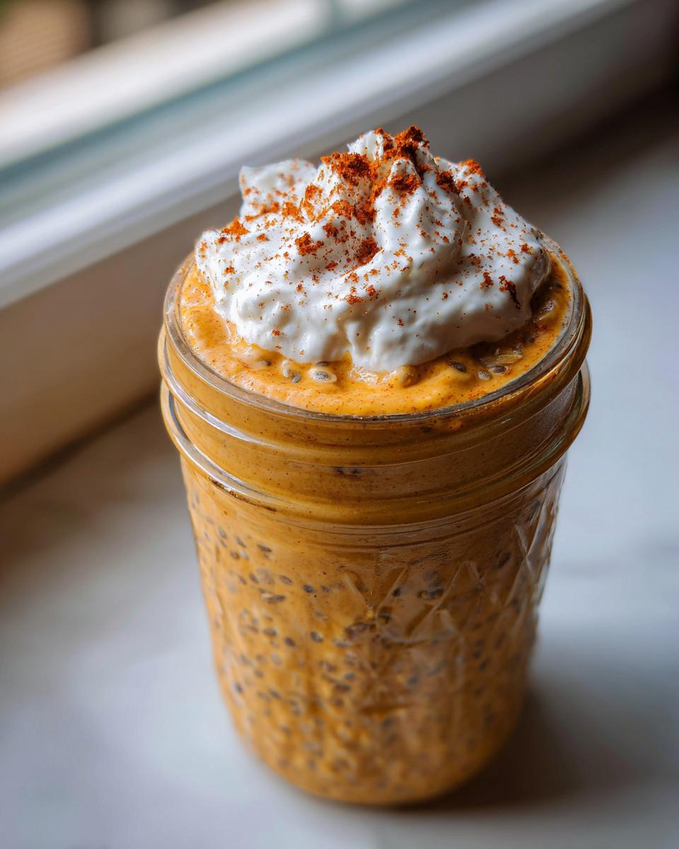 Close-up of pumpkin overnight oats in a mason jar, topped with whipped cream and cinnamon.