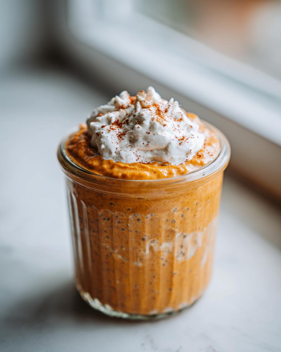 Close-up of pumpkin overnight oats topped with whipped cream and cinnamon in a glass jar.