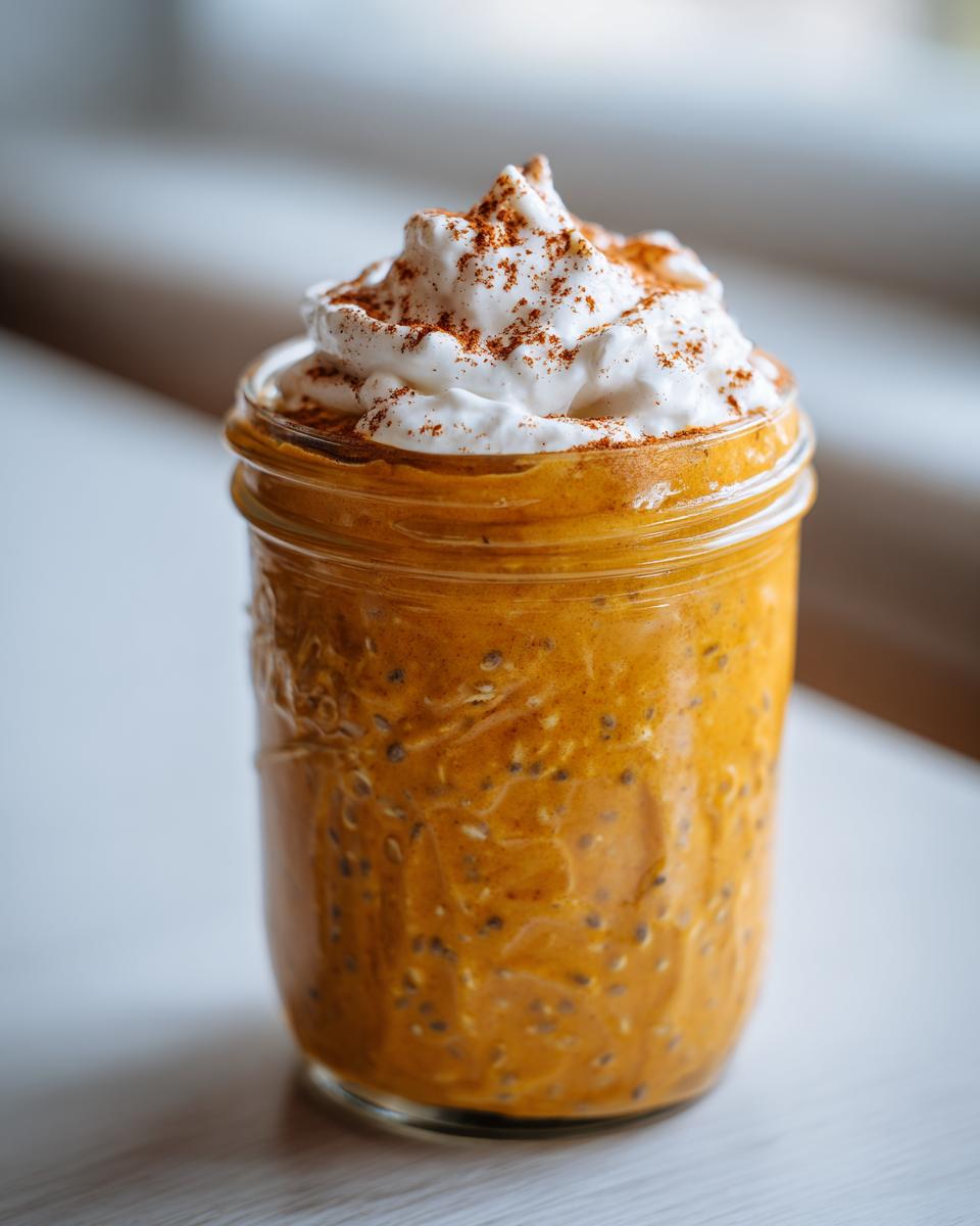Close-up of pumpkin overnight oats in a mason jar topped with whipped cream and cinnamon.
