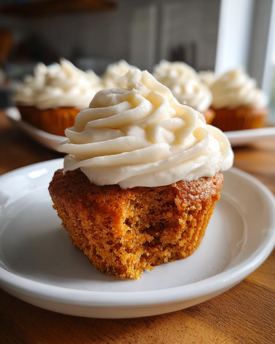 A close-up of a pumpkin spice cupcake with a bite taken out, topped with thick swirls of cream cheese frosting.