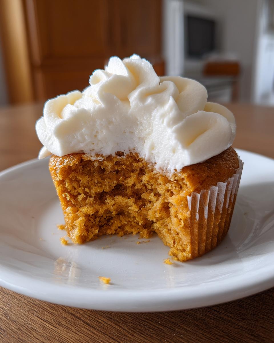 Close-up of a pumpkin spice cupcake with a bite taken out, showing moist crumb and thick cream cheese frosting.