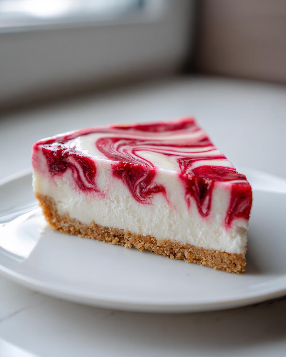 A close-up of a single slice of raspberry cheesecake featuring a graham cracker crust and a white and red marbled swirl topping.