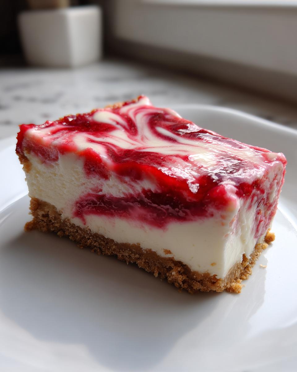A close-up of a perfect slice of raspberry cheesecake showing a graham cracker crust and a vibrant red and white swirl topping.