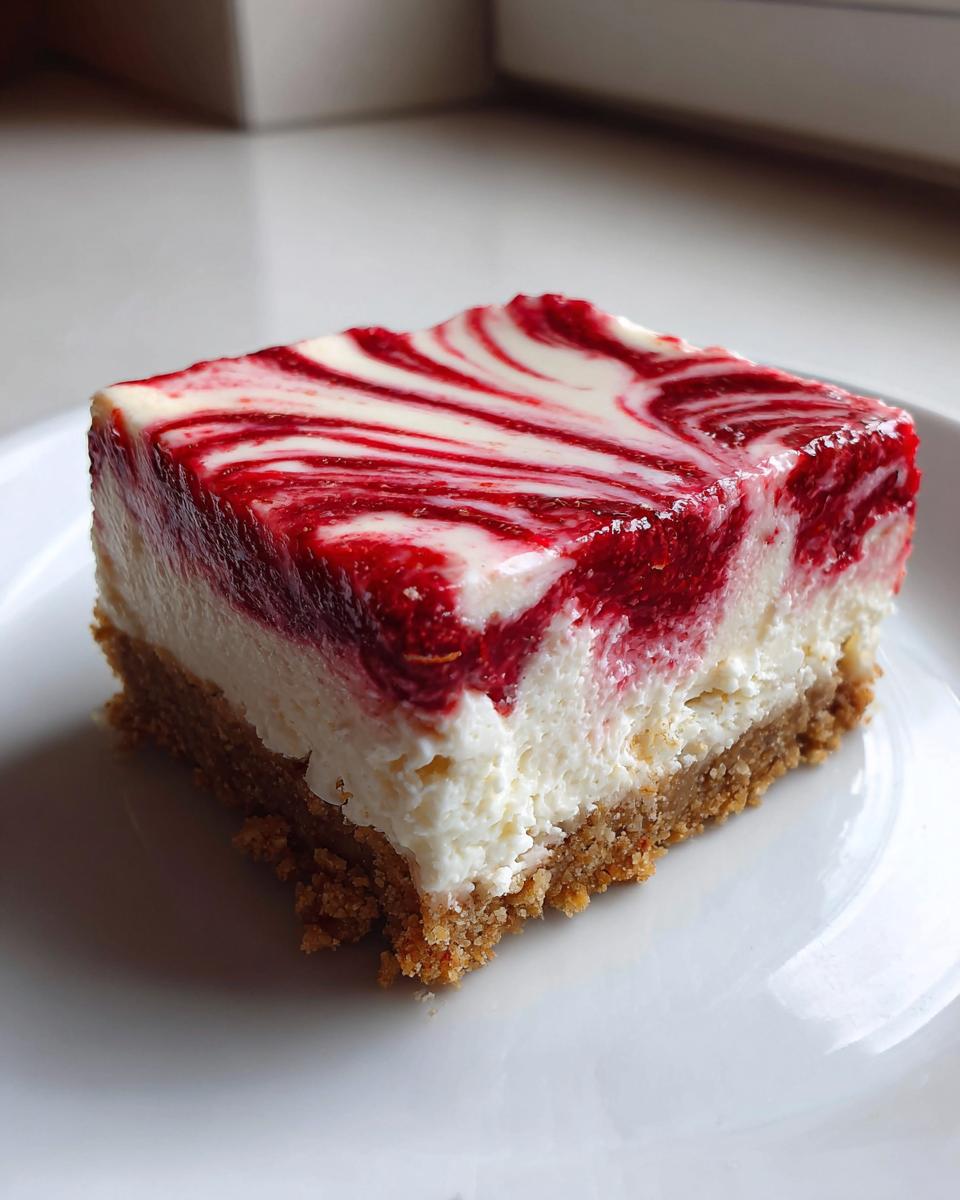 A perfect square slice of raspberry cheesecake showing a graham cracker crust and a vibrant red and white swirled topping.