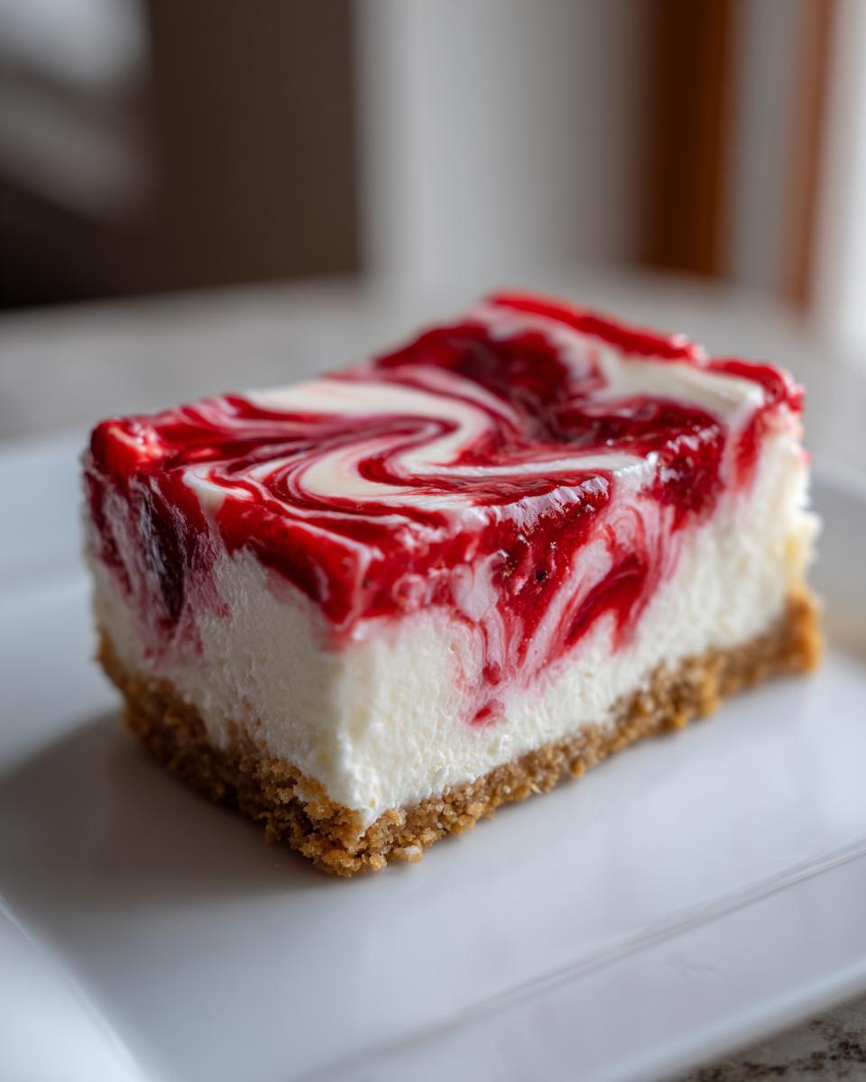 A close-up of a single serving slice of creamy raspberry cheesecake with a vibrant red swirl topping.