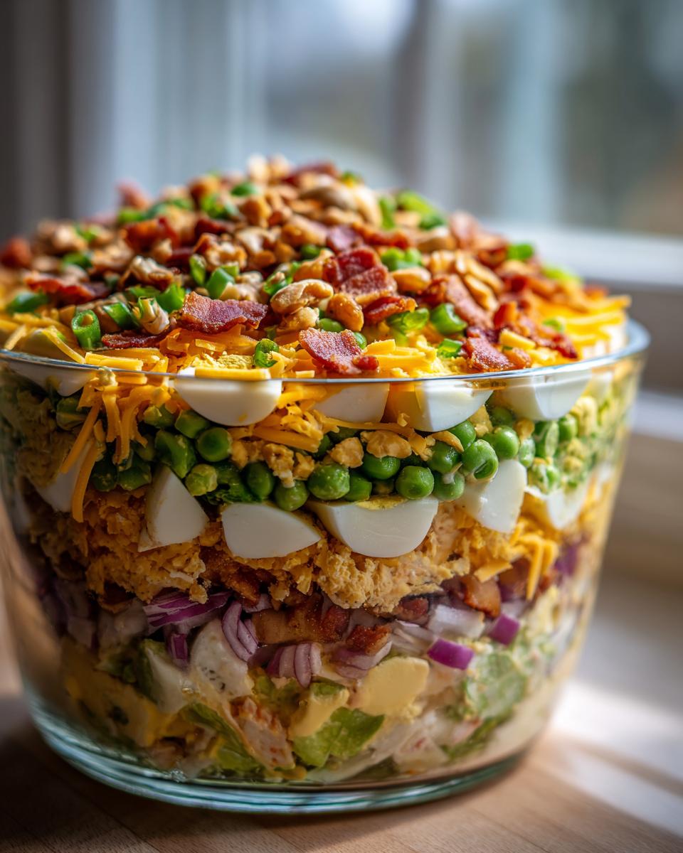 A tall, clear glass bowl filled with a vibrant seven layer salad, topped with bacon and nuts.