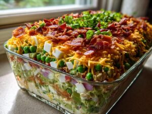 A clear glass dish showcasing the distinct layers of an amazing seven layer salad, topped with cheese, bacon, and green onions.