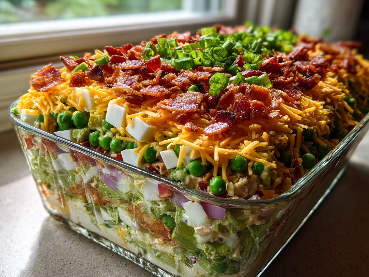 A clear glass dish showcasing the distinct layers of an amazing seven layer salad, topped with cheese, bacon, and green onions.