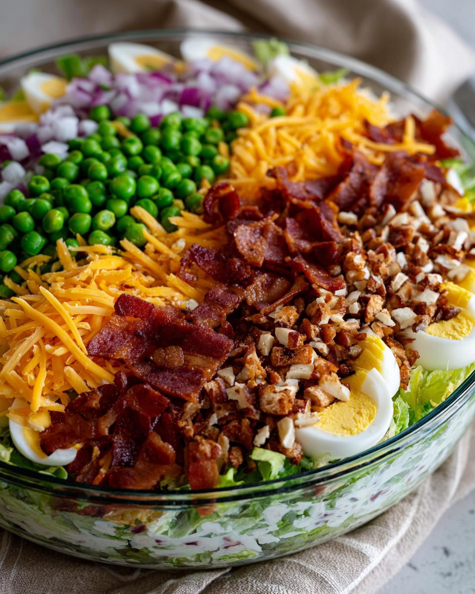 Close-up of the top layer ingredients of a seven layer salad, featuring bacon, cheese, peas, and eggs.