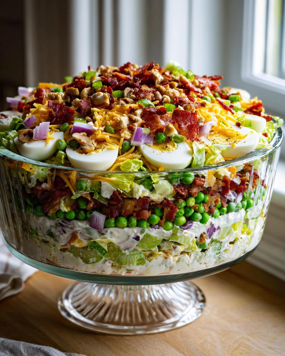 A tall, layered seven layer salad presented beautifully in a clear glass trifle bowl, topped with bacon and eggs.