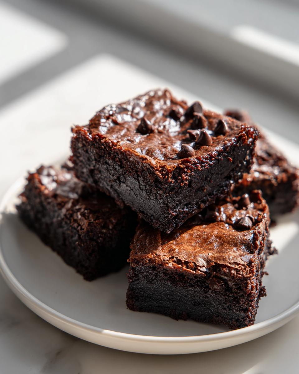 Close-up of fudgy vegan brownies with shiny tops and chocolate chips stacked on a white plate.