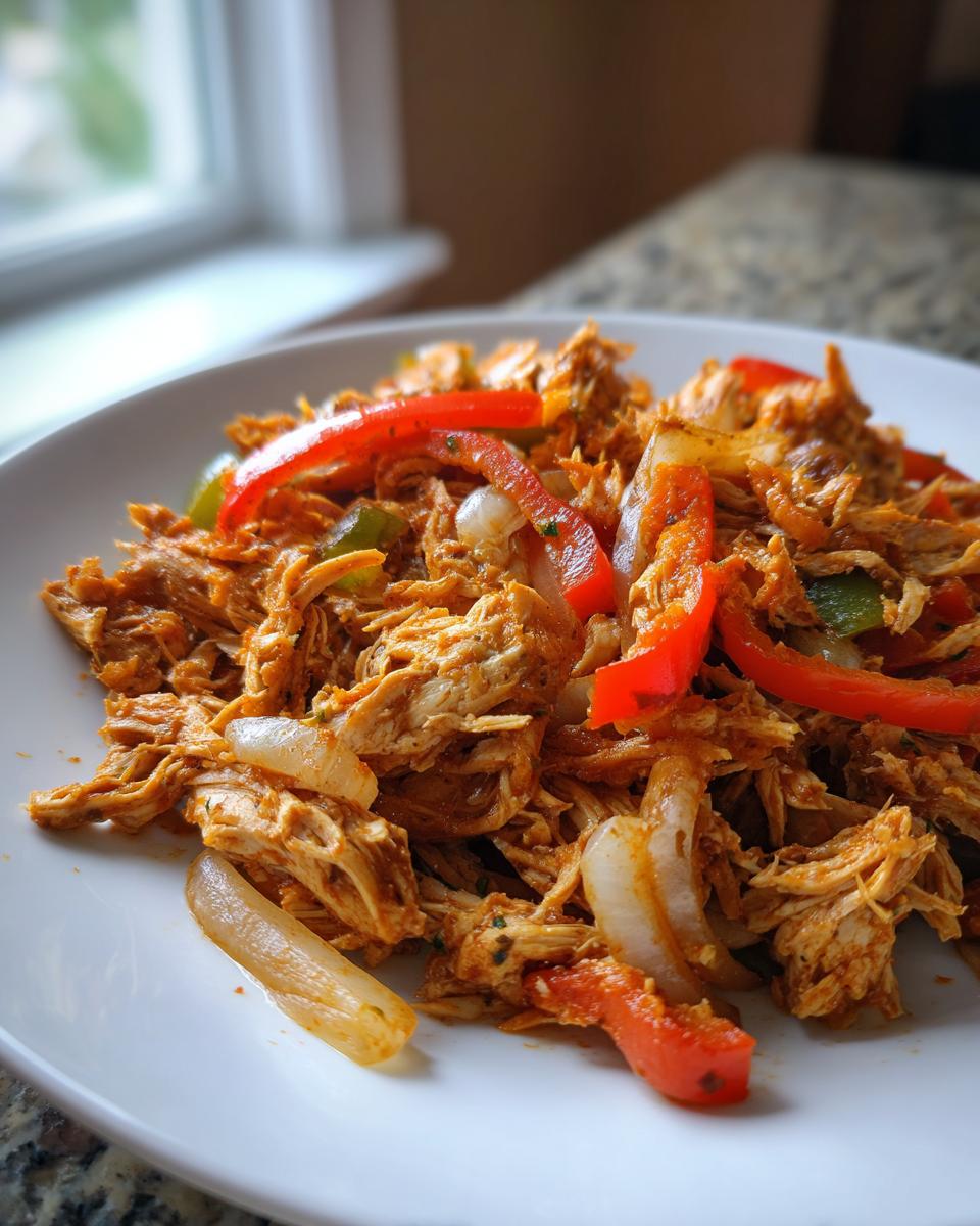Close-up of shredded chicken mixed with sliced red peppers and onions, perfect for crockpot chicken fajitas.