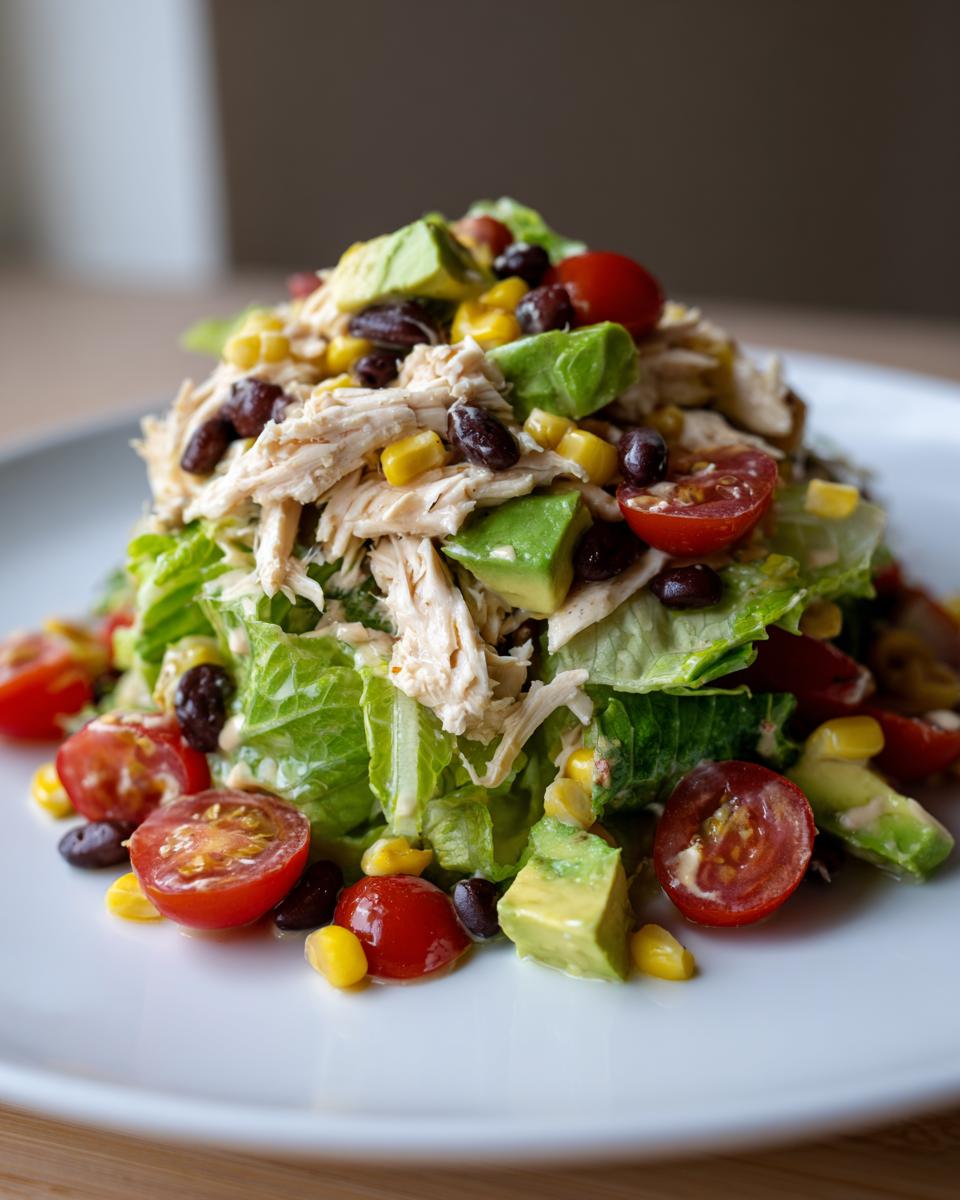 A vibrant high protein salad featuring shredded chicken, avocado chunks, black beans, corn, and halved cherry tomatoes on lettuce.