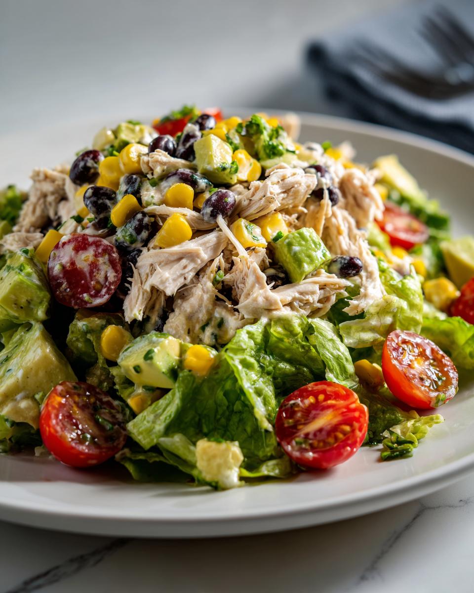 Close-up of a vibrant high protein salad featuring shredded chicken, avocado, black beans, corn, and cherry tomatoes.