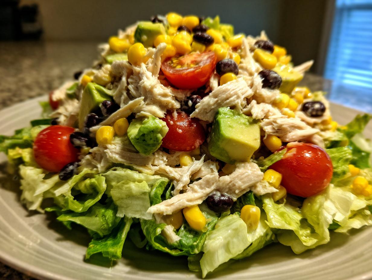 Close-up of a vibrant high protein salad featuring shredded chicken, avocado, corn, black beans, and cherry tomatoes on lettuce.
