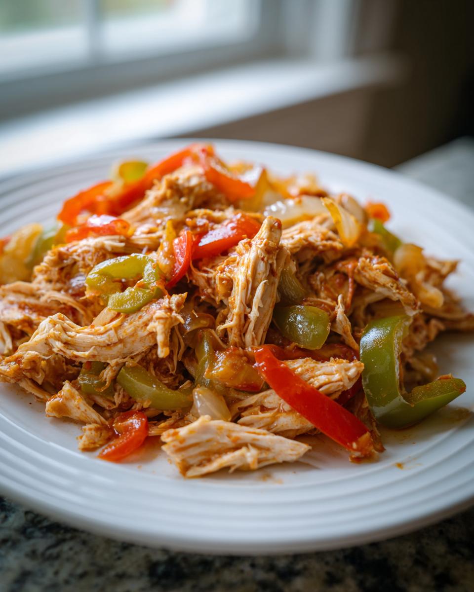 Close-up of shredded chicken mixed with sliced red and green bell peppers and onions, ready for crockpot chicken fajitas.