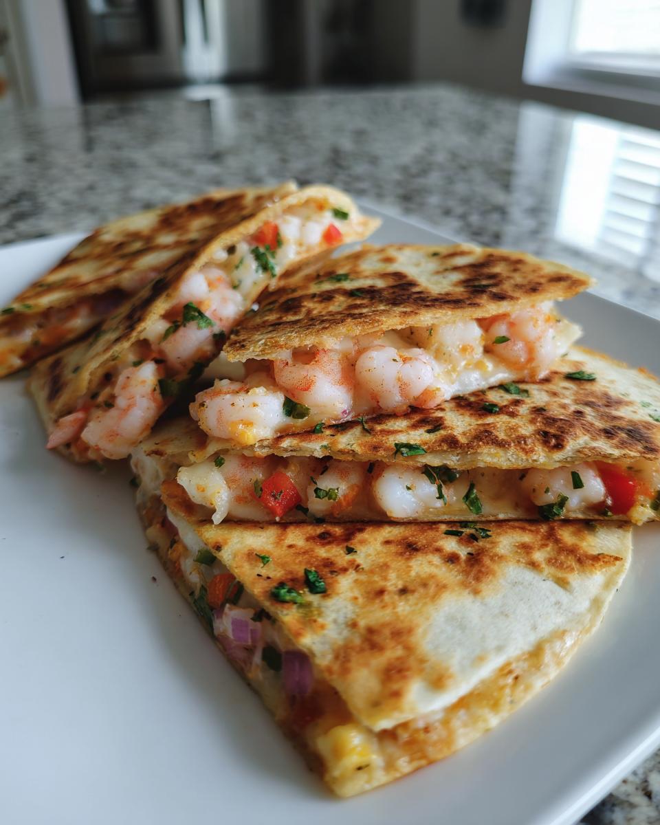Close-up of golden brown shrimp quesadilla wedges overflowing with juicy shrimp, cheese, and diced peppers.
