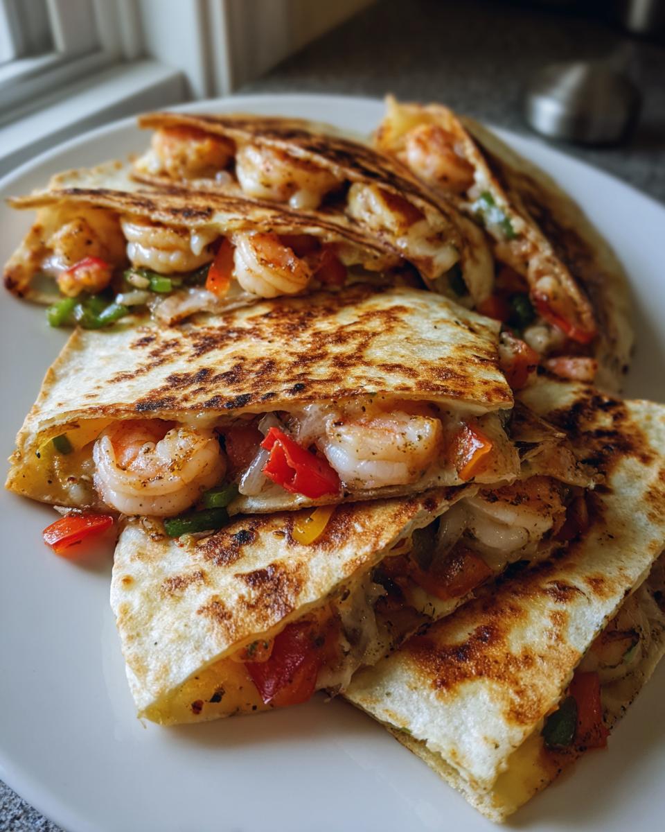 Close-up of golden-brown shrimp quesadilla wedges filled with visible shrimp, peppers, and melted cheese.