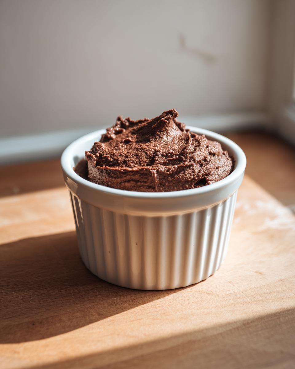 A single serving of rich, dark cottage cheese chocolate mousse in a white ramekin.