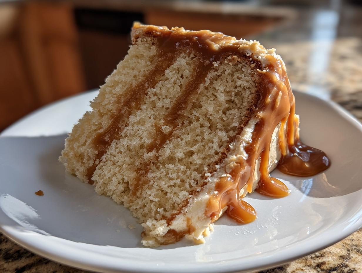 A close-up of a moist slice of cake layered with frosting and dripping with thick caramel sauce from our caramel cake recipe.