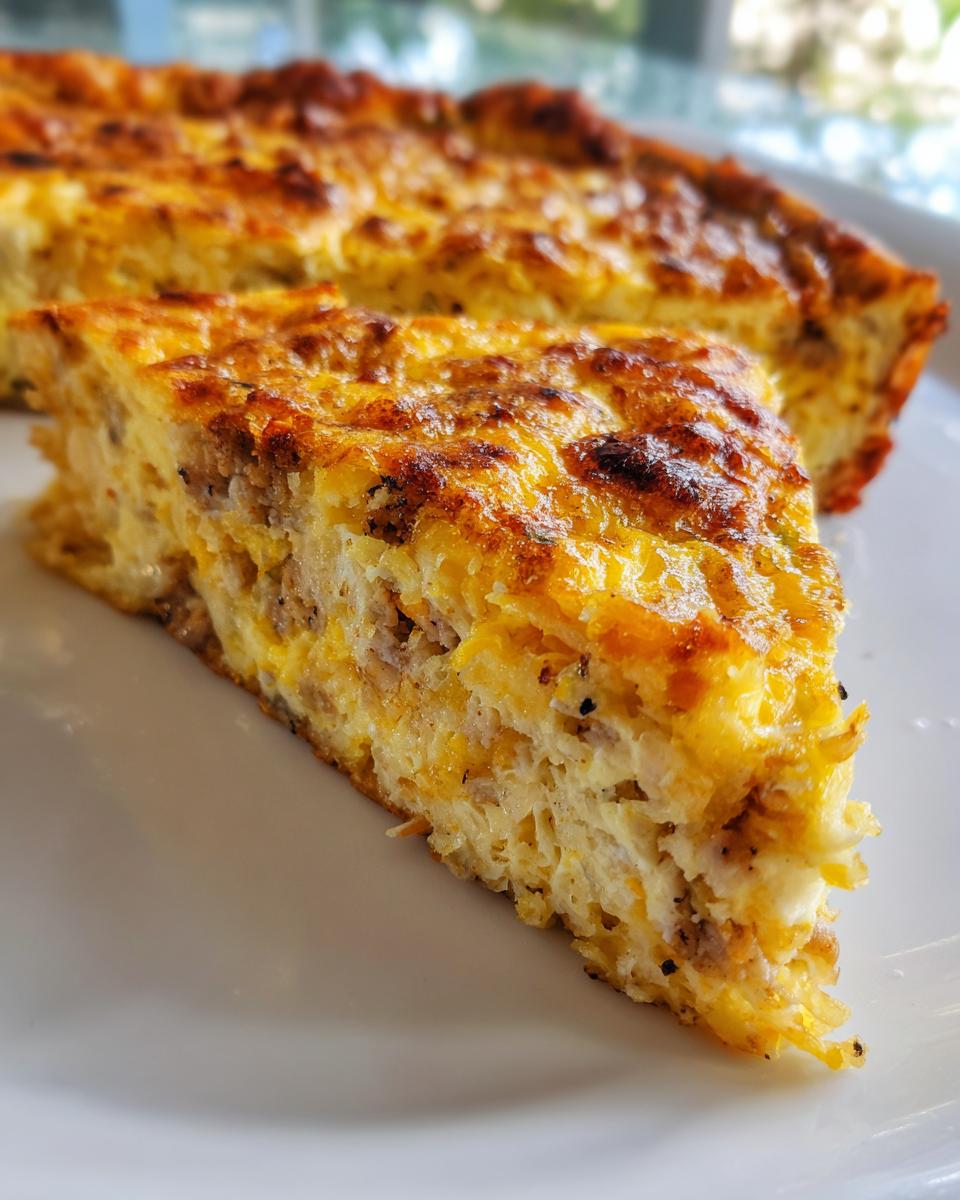 A close-up of a thick slice of savory breakfast casserole showing eggs, cheese, and sausage filling.