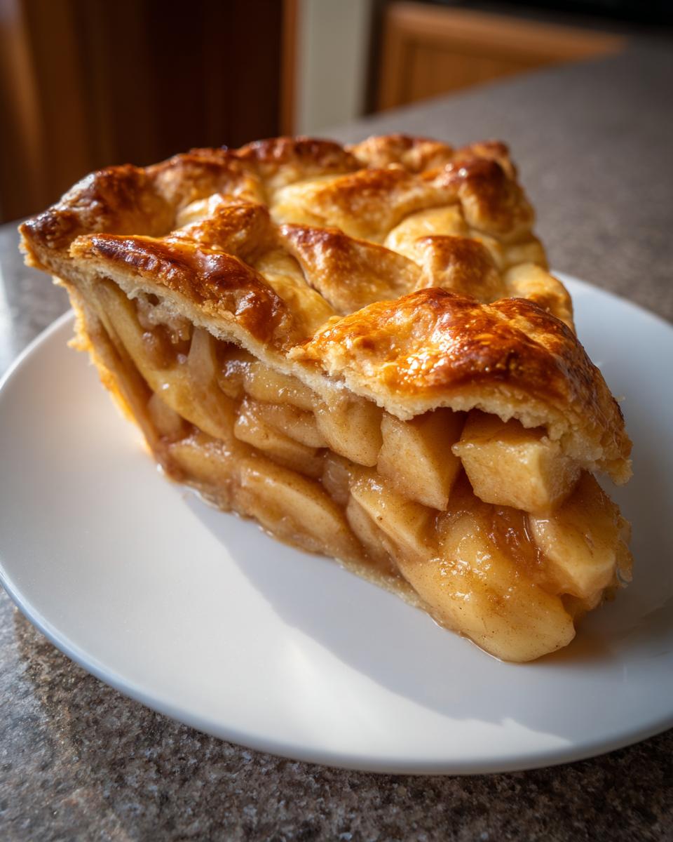 Close-up of a thick slice of homemade apple pie showing a golden lattice crust and chunky cinnamon-spiced apple filling.