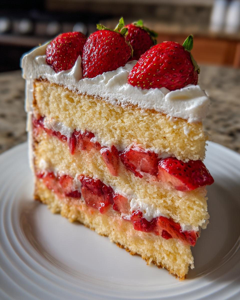 A tall slice of strawberry shortcake cake with layers of sponge, cream, and fresh strawberries.