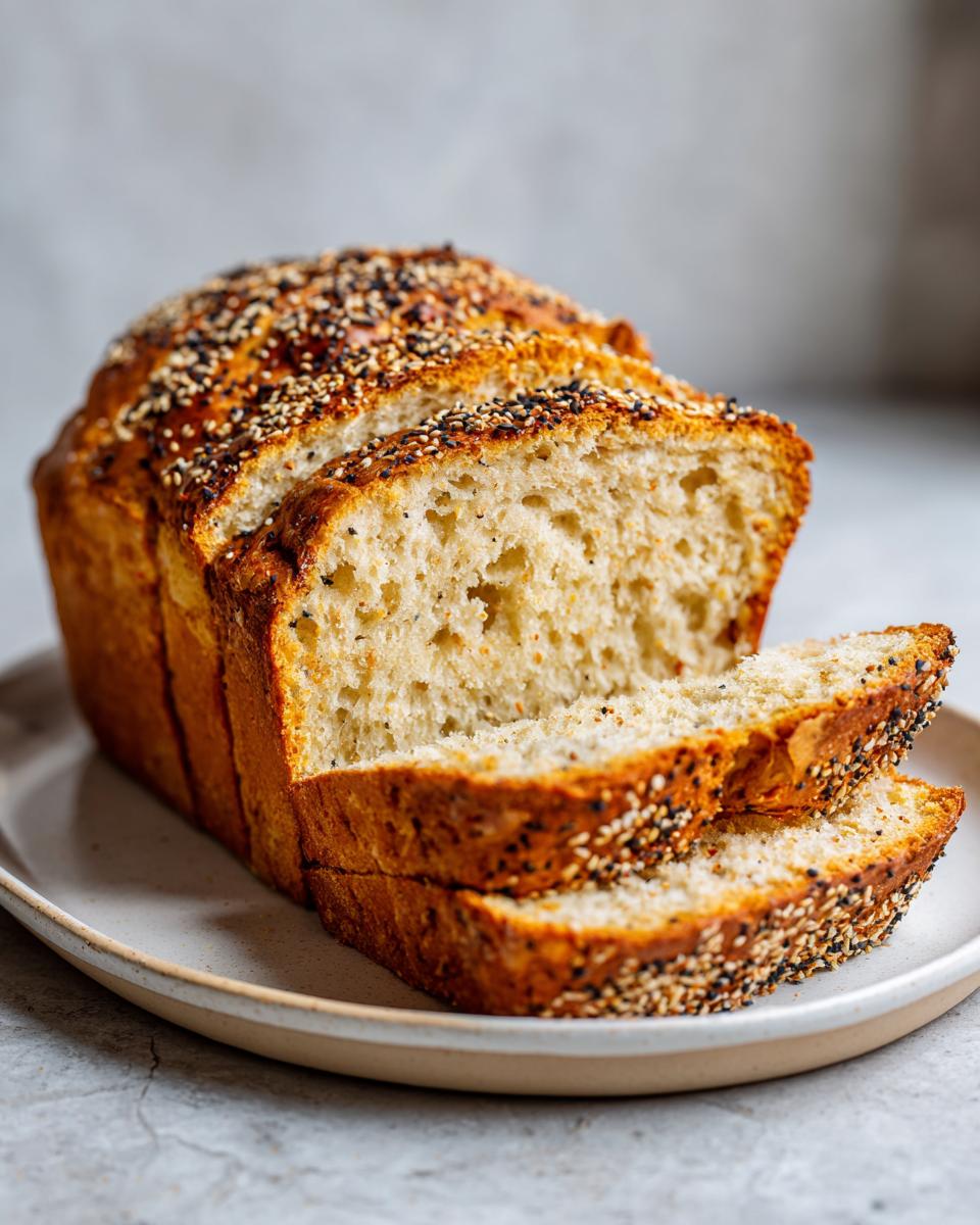 A loaf of freshly baked cottage cheese bread, partially sliced, topped with everything bagel seasoning.