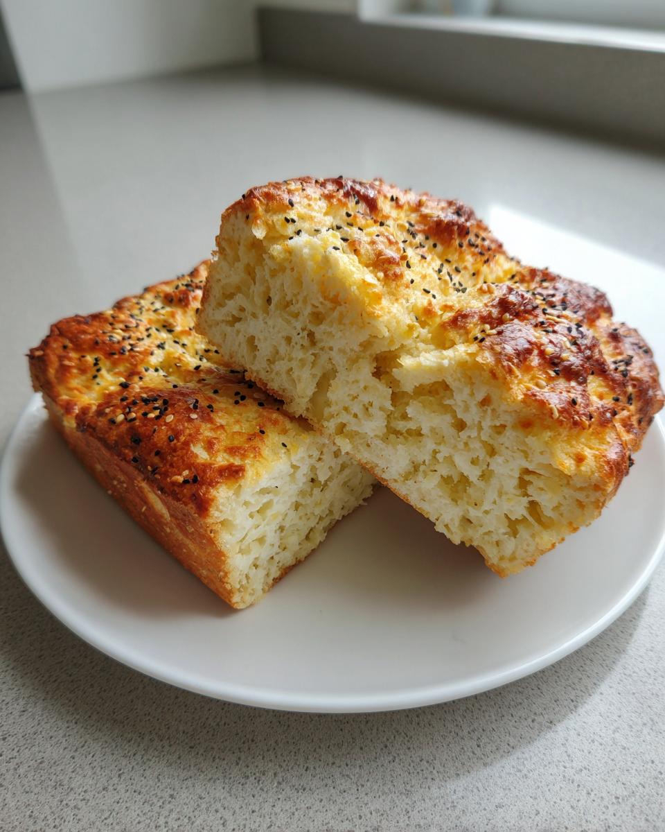 Two slices of fluffy, golden-brown cottage cheese bread, topped with black and white seeds, resting on a white plate.