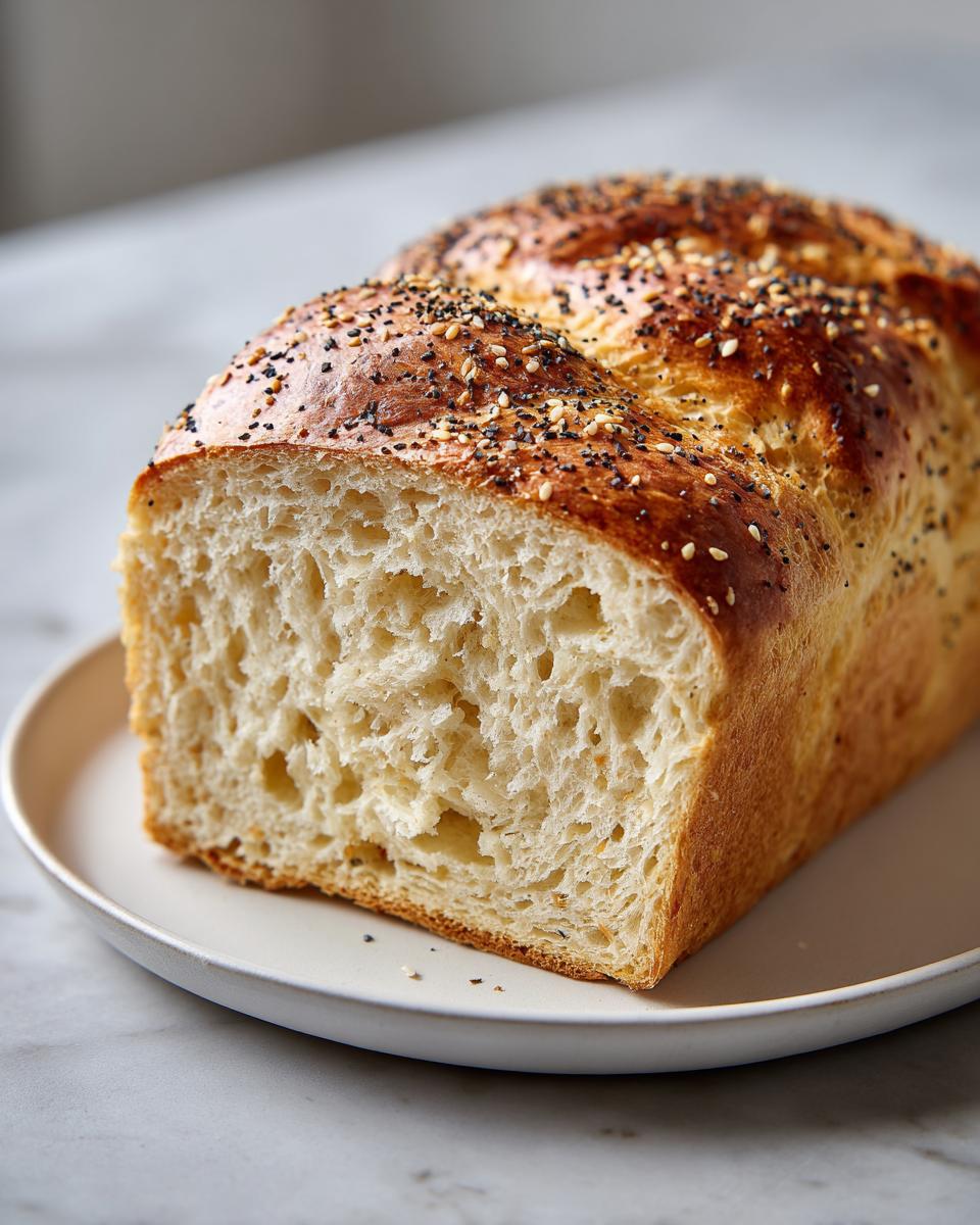 A loaf of freshly baked cottage cheese bread, sliced to show the soft interior and topped with everything bagel seasoning.