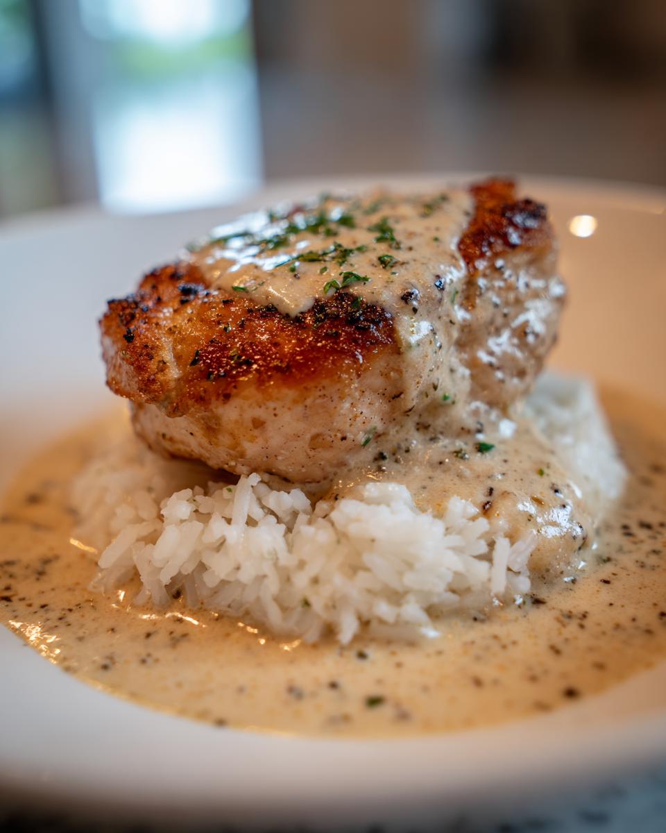 Close-up of perfectly seared smothered chicken and rice topped with a creamy, peppered gravy and parsley.