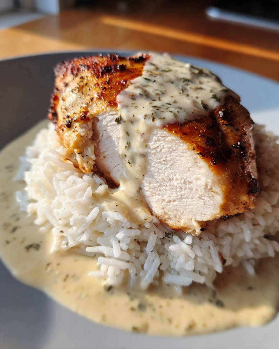 Close-up of a perfectly cooked piece of smothered chicken and rice, sliced to show white meat and creamy sauce.