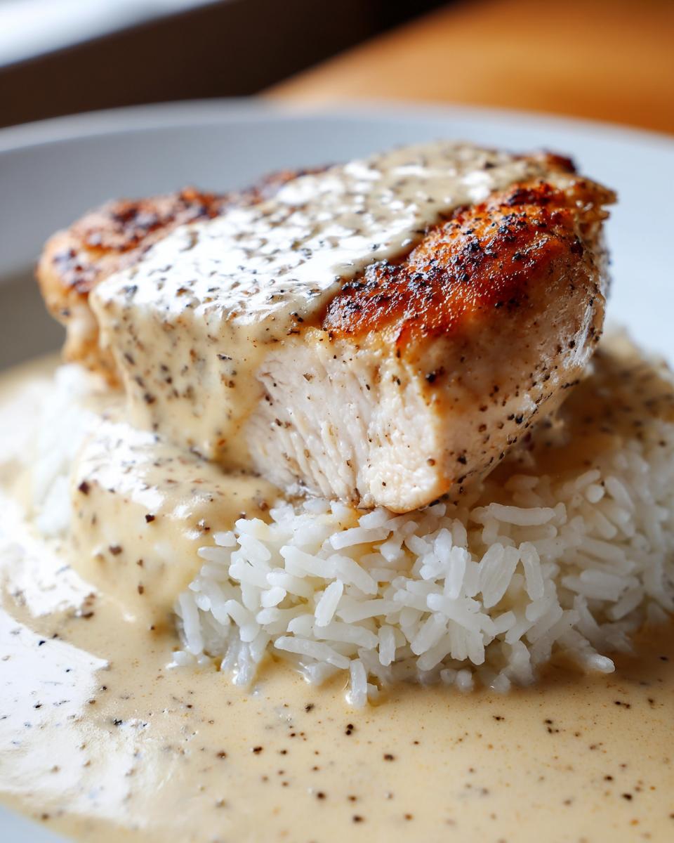 A perfectly cooked piece of smothered chicken and rice topped with a creamy, peppered sauce.
