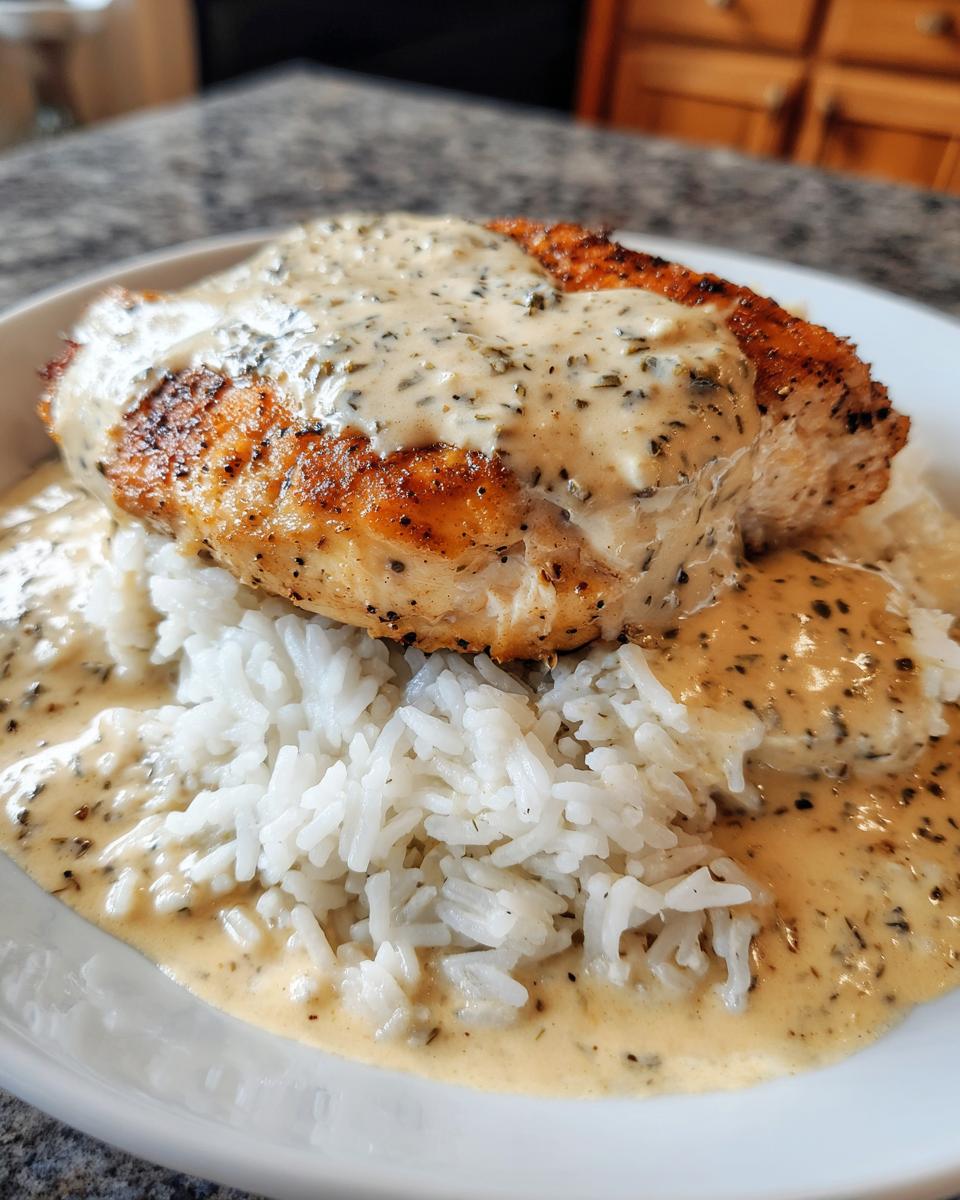 Close-up of perfectly seared smothered chicken and rice topped with creamy herb gravy.