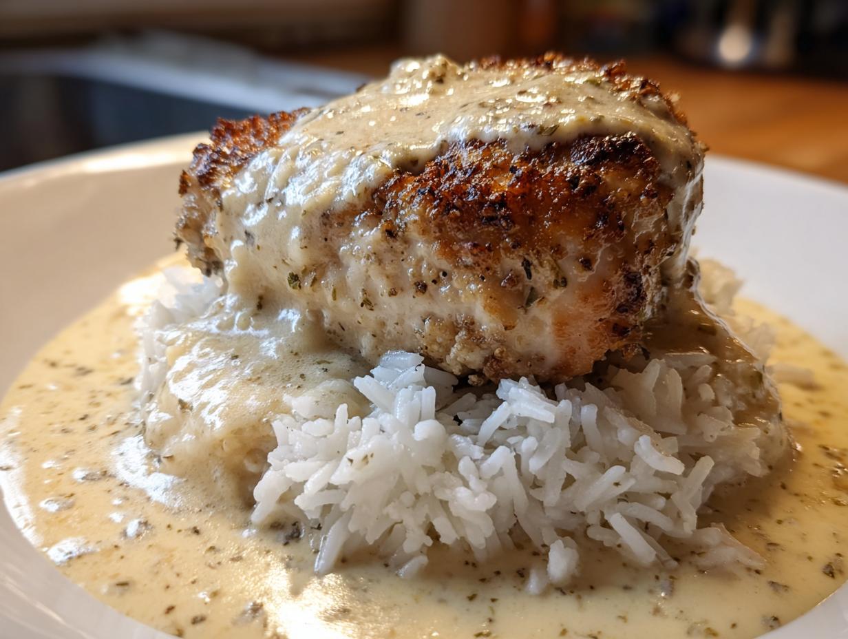 Close-up of perfectly cooked smothered chicken and rice topped with a creamy herb sauce.