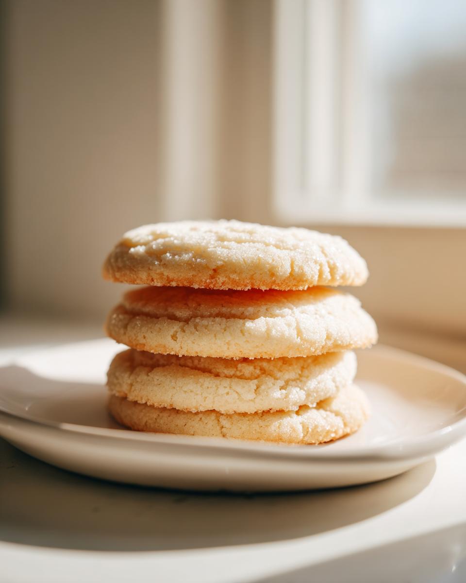 A stack of four soft sugar cookies resting on a small white plate, highlighted by natural sunlight.