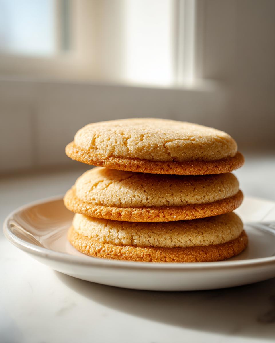 A vertical stack of three soft, golden sugar cookies dusted with granulated sugar.