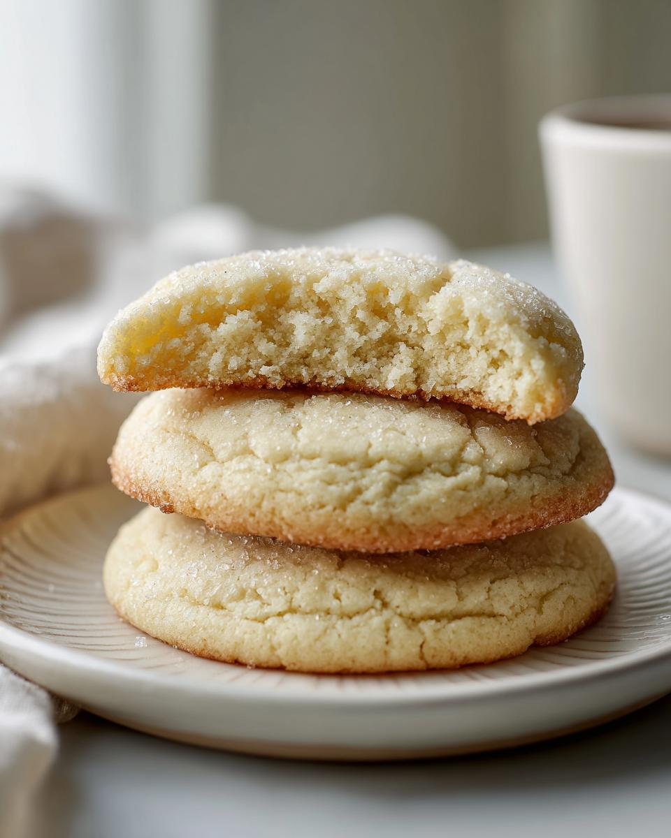 A stack of three soft sugar cookies, with the top one broken to show the chewy interior.
