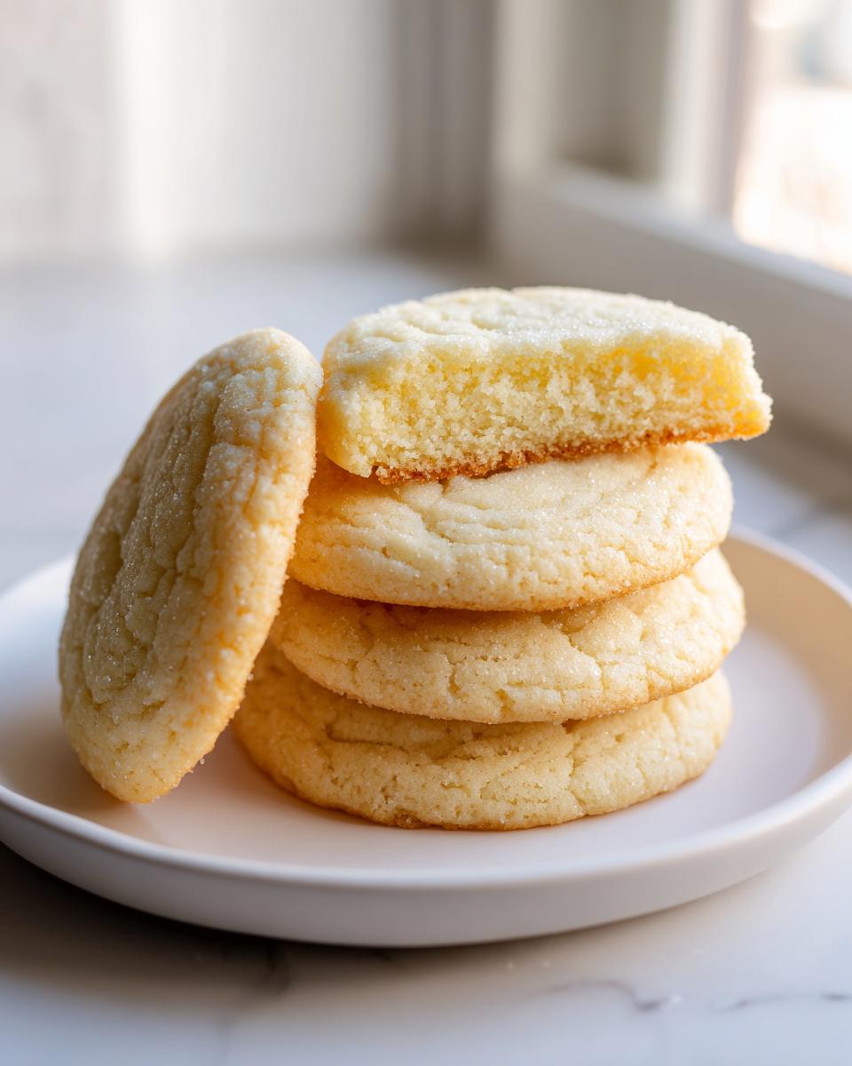 A stack of four soft sugar cookies on a white plate, with the top cookie broken in half to show the fluffy interior.