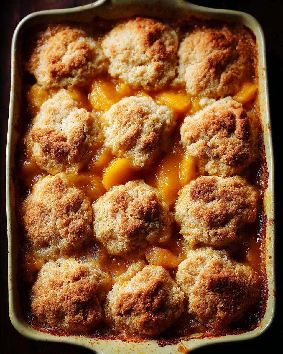 Close-up of a hot southern peach cobbler with golden biscuit topping bubbling in a yellow baking dish.
