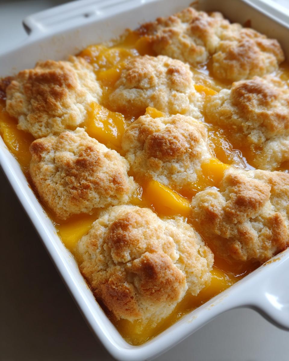 Close-up of freshly baked southern peach cobbler with golden biscuit topping bubbling over sweet peaches.