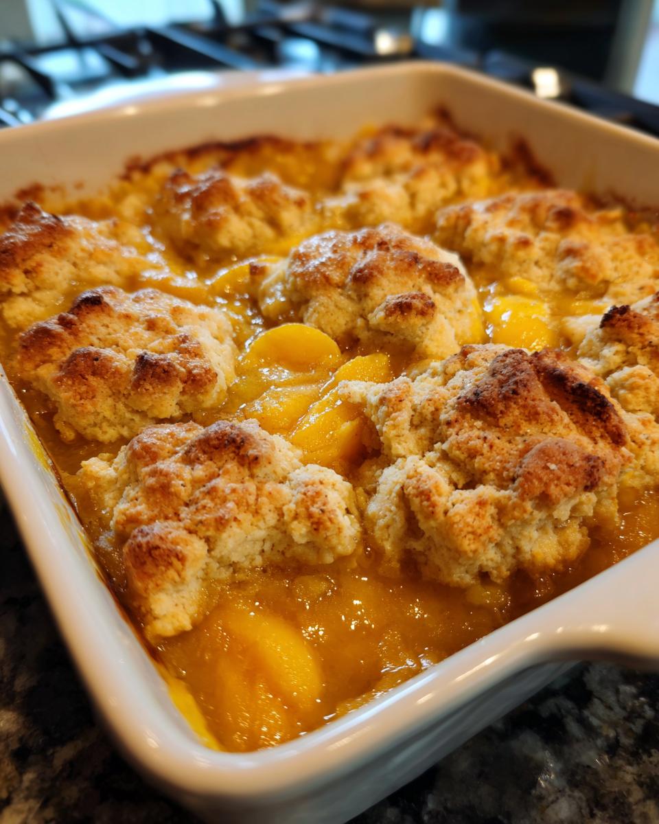 Close-up of bubbling southern peach cobbler with golden biscuit topping in a white baking dish.