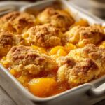 Close-up of bubbling, warm southern peach cobbler with golden biscuit topping in a white baking dish.