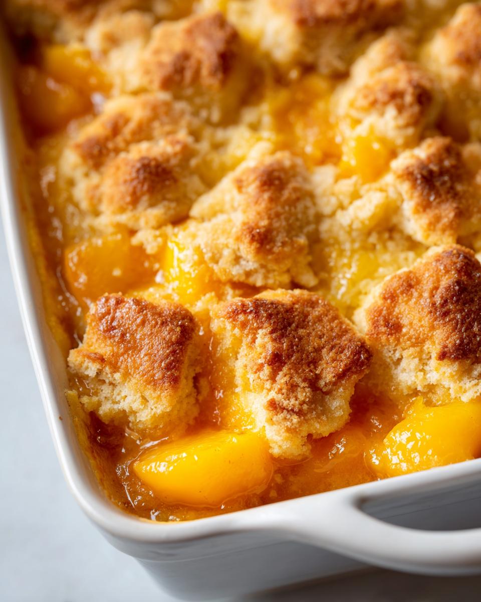 Close-up of bubbling, golden-brown topping over bright orange peaches in a white baking dish, showcasing the southern peach cobbler.