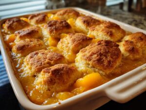 Close-up of a freshly baked southern peach cobbler with golden biscuit topping bubbling in a ceramic dish.