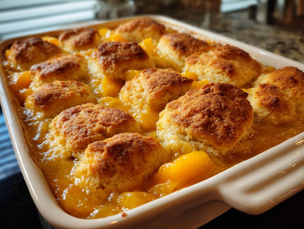 Close-up of a freshly baked southern peach cobbler with golden biscuit topping bubbling in a ceramic dish.