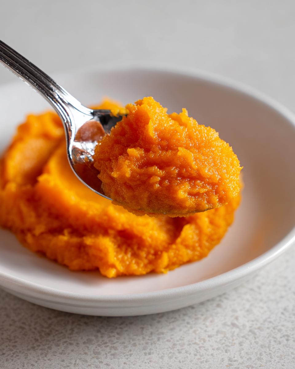A spoonful of vibrant orange homemade pumpkin puree being lifted from a white bowl.